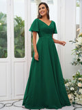 A-Line/Princess Chiffon Ruched V-neck Short Sleeves Sweep/Brush Train Bridesmaid Dresses Evening Dress