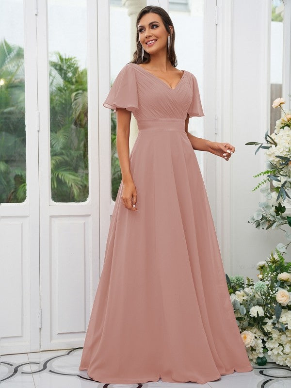 A-Line/Princess Chiffon Ruched V-neck Short Sleeves Sweep/Brush Train Bridesmaid Dresses Evening Dress