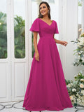 A-Line/Princess Chiffon Ruched V-neck Short Sleeves Sweep/Brush Train Bridesmaid Dresses Evening Dress