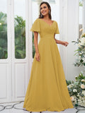 A-Line/Princess Chiffon Ruched V-neck Short Sleeves Sweep/Brush Train Bridesmaid Dresses Evening Dress