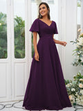 A-Line/Princess Chiffon Ruched V-neck Short Sleeves Sweep/Brush Train Bridesmaid Dresses Evening Dress
