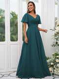 A-Line/Princess Chiffon Ruched V-neck Short Sleeves Sweep/Brush Train Bridesmaid Dresses Evening Dress