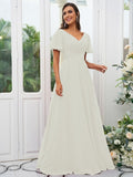 A-Line/Princess Chiffon Ruched V-neck Short Sleeves Sweep/Brush Train Bridesmaid Dresses Evening Dress