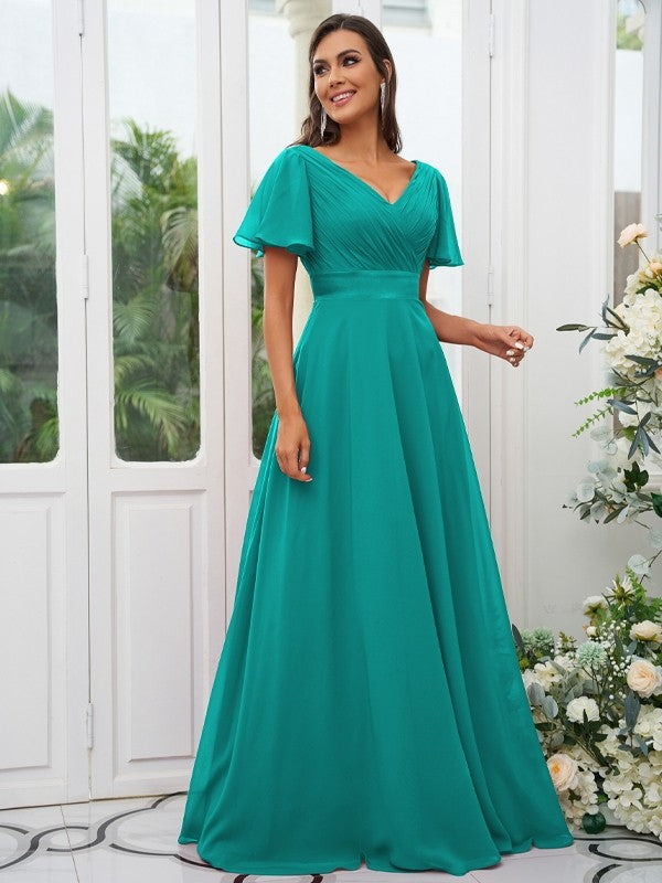 A-Line/Princess Chiffon Ruched V-neck Short Sleeves Sweep/Brush Train Bridesmaid Dresses Evening Dress