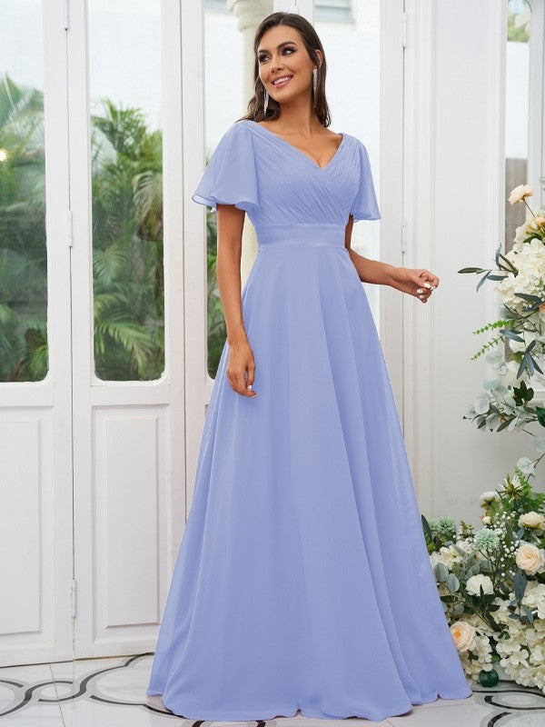 A-Line/Princess Chiffon Ruched V-neck Short Sleeves Sweep/Brush Train Bridesmaid Dresses Evening Dress