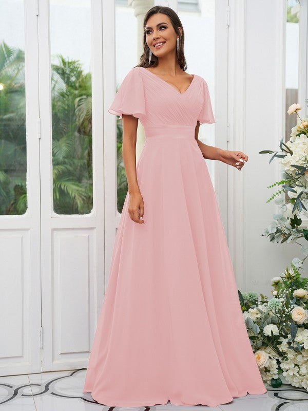 A-Line/Princess Chiffon Ruched V-neck Short Sleeves Sweep/Brush Train Bridesmaid Dresses Evening Dress