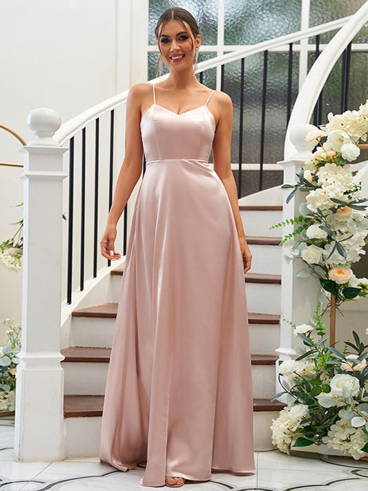 A-Line/Princess Silk like Satin Ruffles V-neck Sleeveless Floor-Length Bridesmaid Dresses Evening Dress