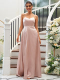 A-Line/Princess Silk like Satin Ruffles V-neck Sleeveless Floor-Length Bridesmaid Dresses Evening Dress