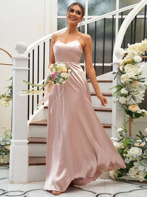 A-Line/Princess Silk like Satin Ruffles V-neck Sleeveless Floor-Length Bridesmaid Dresses Evening Dress