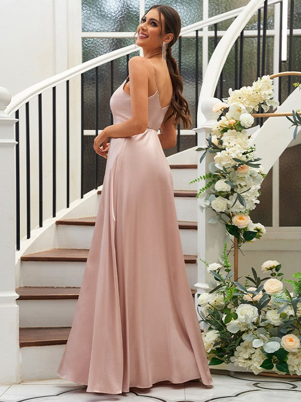 A-Line/Princess Silk like Satin Ruffles V-neck Sleeveless Floor-Length Bridesmaid Dresses Evening Dress