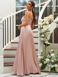 A-Line/Princess Silk like Satin Ruffles V-neck Sleeveless Floor-Length Bridesmaid Dresses Evening Dress