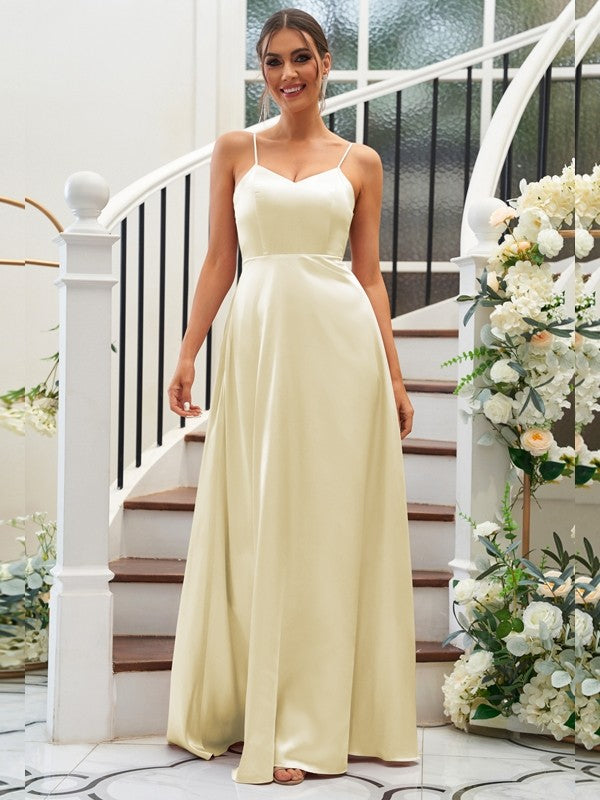 A-Line/Princess Silk like Satin Ruffles V-neck Sleeveless Floor-Length Bridesmaid Dresses Evening Dress