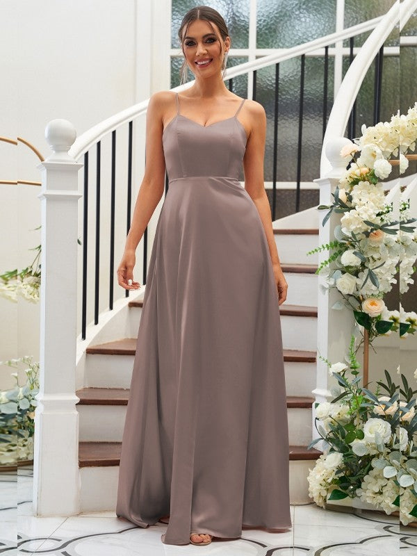A-Line/Princess Silk like Satin Ruffles V-neck Sleeveless Floor-Length Bridesmaid Dresses Evening Dress