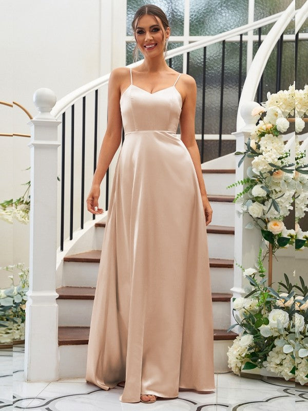 A-Line/Princess Silk like Satin Ruffles V-neck Sleeveless Floor-Length Bridesmaid Dresses Evening Dress