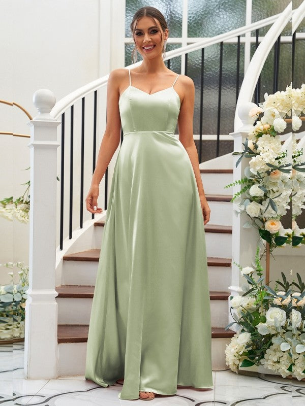A-Line/Princess Silk like Satin Ruffles V-neck Sleeveless Floor-Length Bridesmaid Dresses Evening Dress