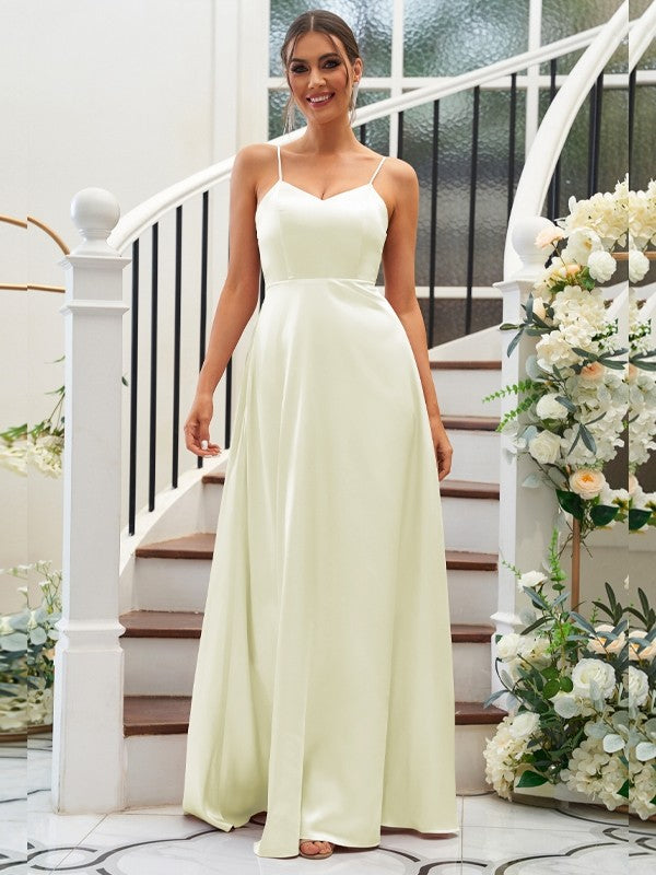 A-Line/Princess Silk like Satin Ruffles V-neck Sleeveless Floor-Length Bridesmaid Dresses Evening Dress