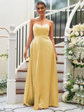 A-Line/Princess Silk like Satin Ruffles V-neck Sleeveless Floor-Length Bridesmaid Dresses Evening Dress