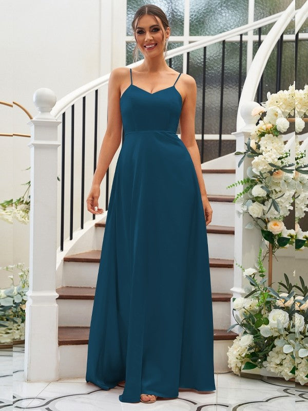 A-Line/Princess Silk like Satin Ruffles V-neck Sleeveless Floor-Length Bridesmaid Dresses Evening Dress