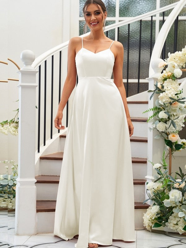 A-Line/Princess Silk like Satin Ruffles V-neck Sleeveless Floor-Length Bridesmaid Dresses Evening Dress