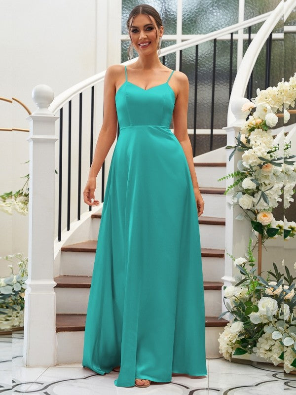 A-Line/Princess Silk like Satin Ruffles V-neck Sleeveless Floor-Length Bridesmaid Dresses Evening Dress