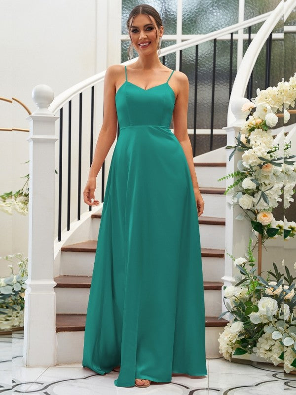 A-Line/Princess Silk like Satin Ruffles V-neck Sleeveless Floor-Length Bridesmaid Dresses Evening Dress