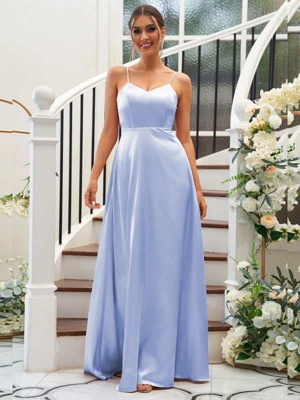 A-Line/Princess Silk like Satin Ruffles V-neck Sleeveless Floor-Length Bridesmaid Dresses Evening Dress