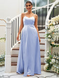 A-Line/Princess Silk like Satin Ruffles V-neck Sleeveless Floor-Length Bridesmaid Dresses Evening Dress