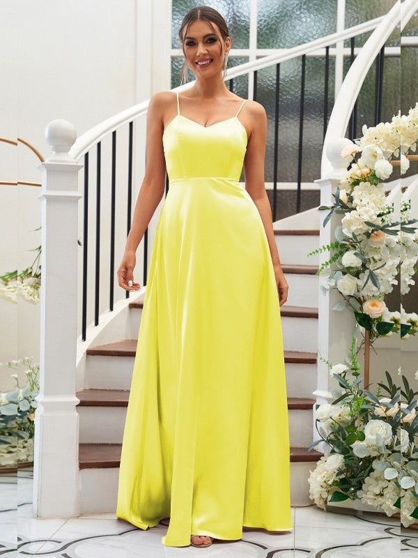 A-Line/Princess Silk like Satin Ruffles V-neck Sleeveless Floor-Length Bridesmaid Dresses Evening Dress