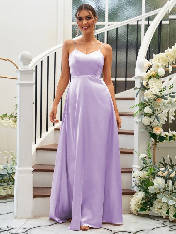 A-Line/Princess Silk like Satin Ruffles V-neck Sleeveless Floor-Length Bridesmaid Dresses Evening Dress