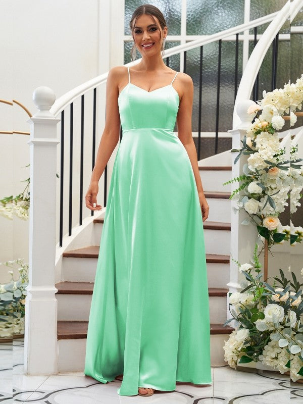 A-Line/Princess Silk like Satin Ruffles V-neck Sleeveless Floor-Length Bridesmaid Dresses Evening Dress