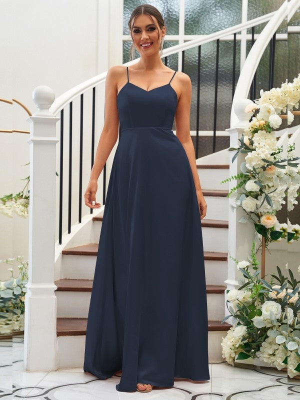 A-Line/Princess Silk like Satin Ruffles V-neck Sleeveless Floor-Length Bridesmaid Dresses Evening Dress