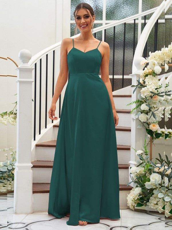 A-Line/Princess Silk like Satin Ruffles V-neck Sleeveless Floor-Length Bridesmaid Dresses Evening Dress