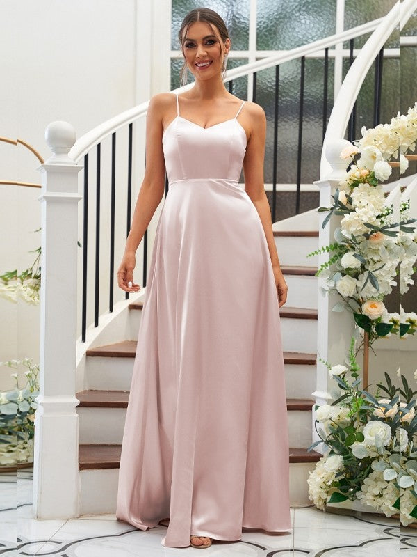 A-Line/Princess Silk like Satin Ruffles V-neck Sleeveless Floor-Length Bridesmaid Dresses Evening Dress