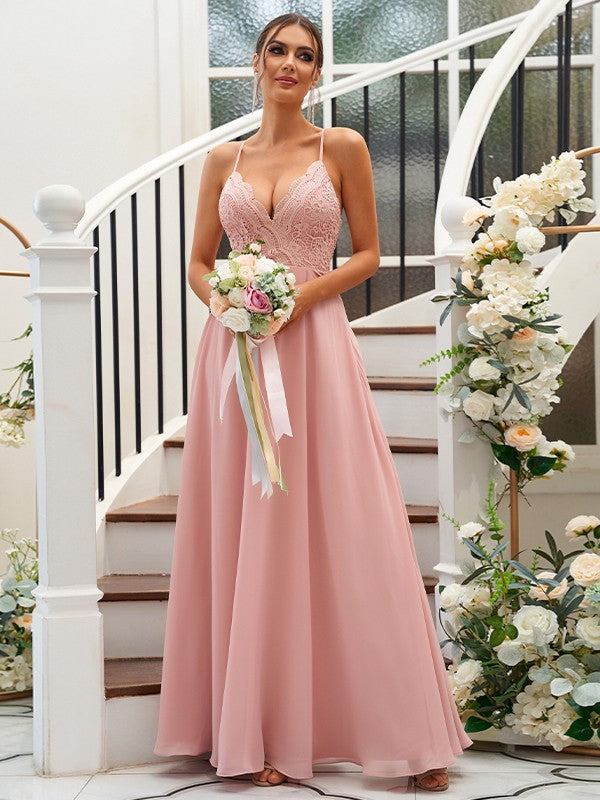 A-Line/Princess Chiffon Lace V-neck Sleeveless Floor-Length Bridesmaid Dresses Evening Prom Dress