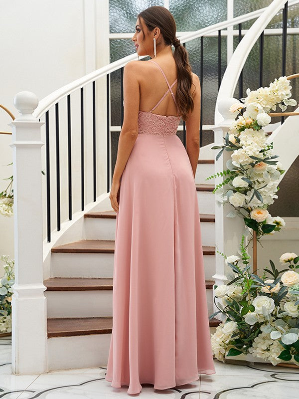 A-Line/Princess Chiffon Lace V-neck Sleeveless Floor-Length Bridesmaid Dresses Evening Prom Dress