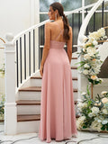 A-Line/Princess Chiffon Lace V-neck Sleeveless Floor-Length Bridesmaid Dresses Evening Prom Dress