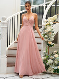 A-Line/Princess Chiffon Lace V-neck Sleeveless Floor-Length Bridesmaid Dresses Evening Prom Dress