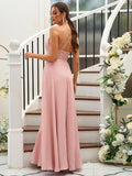 A-Line/Princess Chiffon Lace V-neck Sleeveless Floor-Length Bridesmaid Dresses Evening Prom Dress