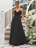 A-Line/Princess Chiffon Lace V-neck Sleeveless Floor-Length Bridesmaid Dresses Evening Prom Dress