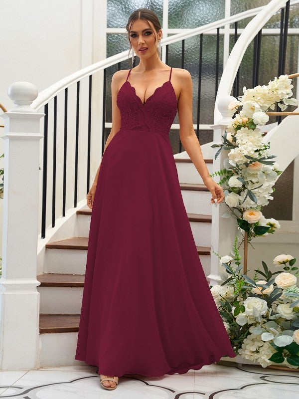 A-Line/Princess Chiffon Lace V-neck Sleeveless Floor-Length Bridesmaid Dresses Evening Prom Dress