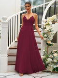 A-Line/Princess Chiffon Lace V-neck Sleeveless Floor-Length Bridesmaid Dresses Evening Prom Dress