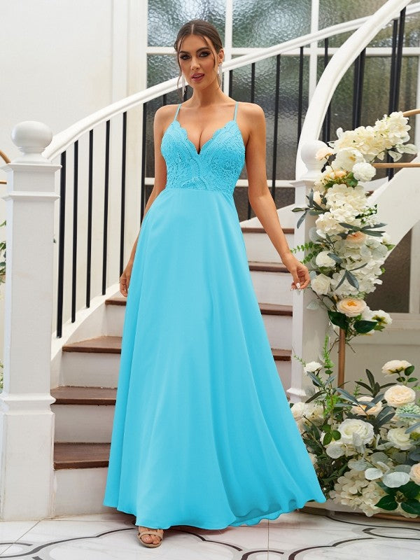 A-Line/Princess Chiffon Lace V-neck Sleeveless Floor-Length Bridesmaid Dresses Evening Prom Dress