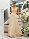 A-Line/Princess Chiffon Lace V-neck Sleeveless Floor-Length Bridesmaid Dresses Evening Prom Dress