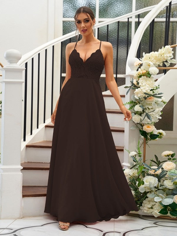 A-Line/Princess Chiffon Lace V-neck Sleeveless Floor-Length Bridesmaid Dresses Evening Prom Dress