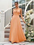 A-Line/Princess Chiffon Lace V-neck Sleeveless Floor-Length Bridesmaid Dresses Evening Prom Dress