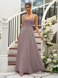 A-Line/Princess Chiffon Lace V-neck Sleeveless Floor-Length Bridesmaid Dresses Evening Prom Dress