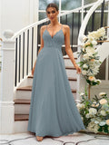 A-Line/Princess Chiffon Lace V-neck Sleeveless Floor-Length Bridesmaid Dresses Evening Prom Dress