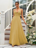A-Line/Princess Chiffon Lace V-neck Sleeveless Floor-Length Bridesmaid Dresses Evening Prom Dress