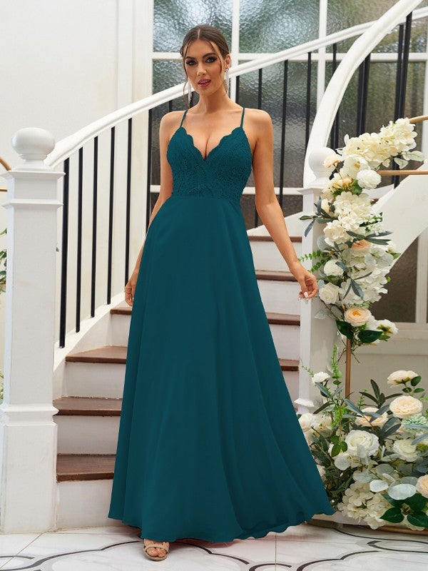 A-Line/Princess Chiffon Lace V-neck Sleeveless Floor-Length Bridesmaid Dresses Evening Prom Dress