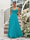 A-Line/Princess Chiffon Lace V-neck Sleeveless Floor-Length Bridesmaid Dresses Evening Prom Dress